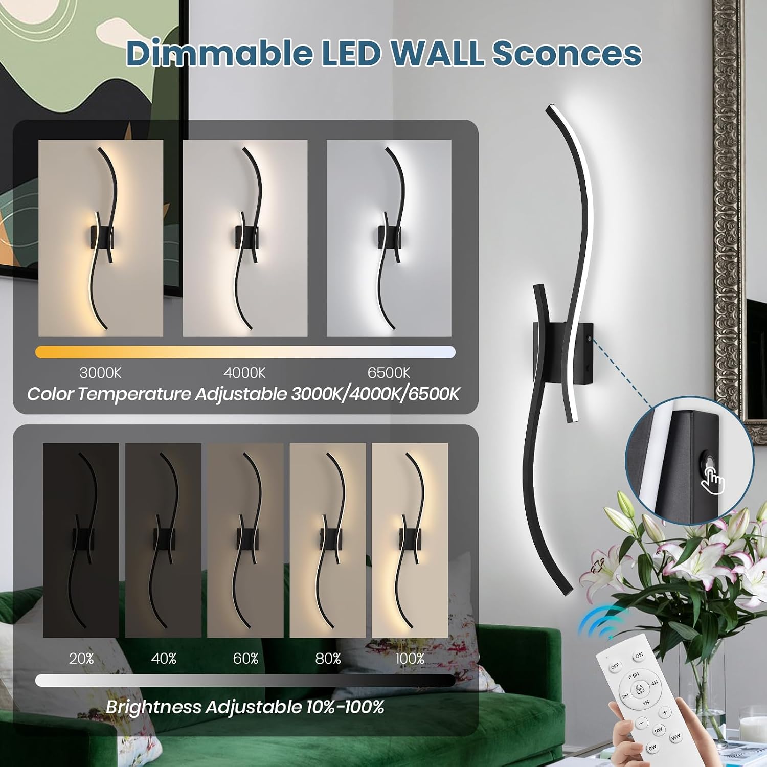 Battery Operated Wall Sconce Set of 2, 18000mAh Black Rechargeable Wall Lights with Remote Control,3000K-6000K Dimmable