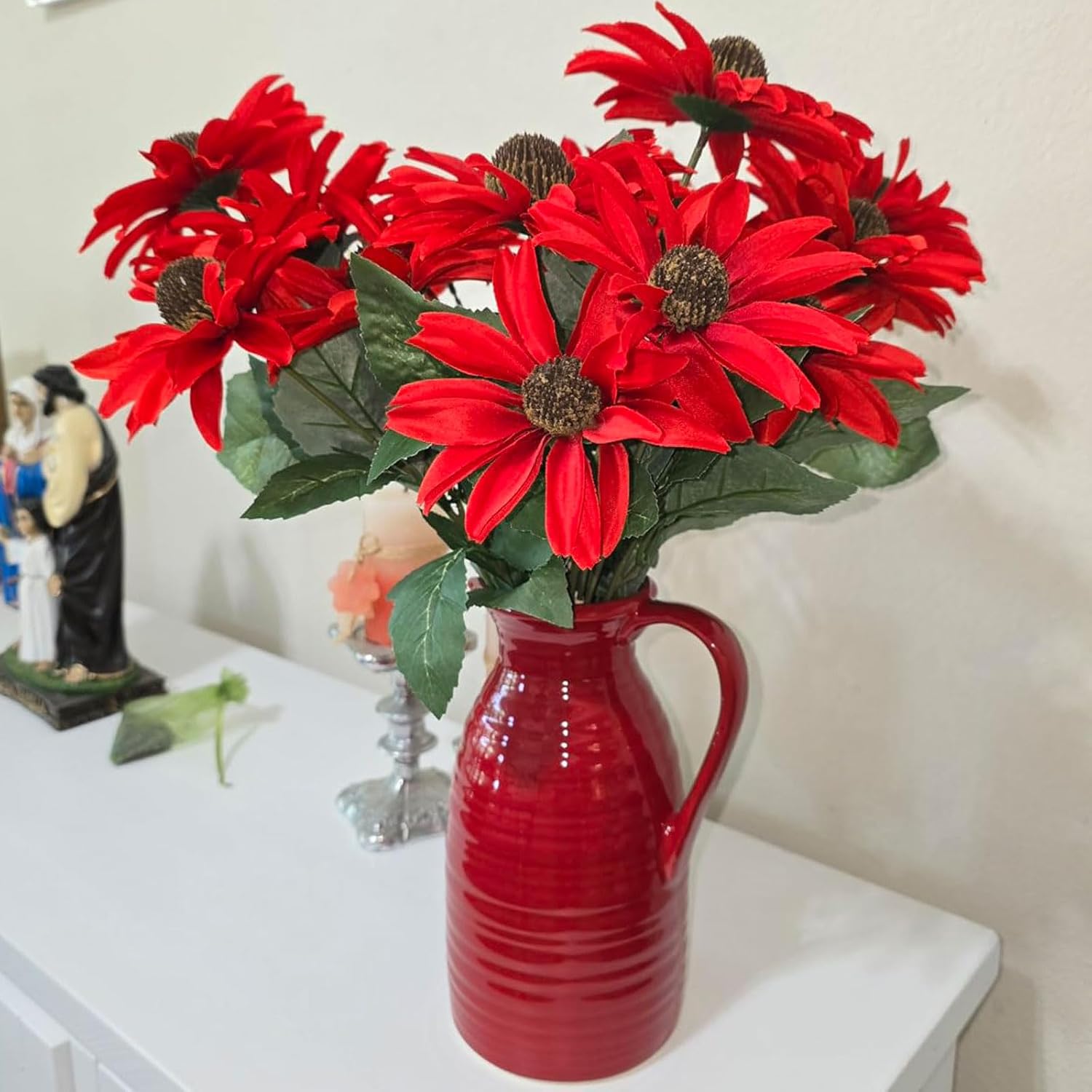 Farmhouse Pitcher Vase for Flowers- Ceramic Pitcher Vase Red Decorative Pitcher / Red - Pitcher Vase
