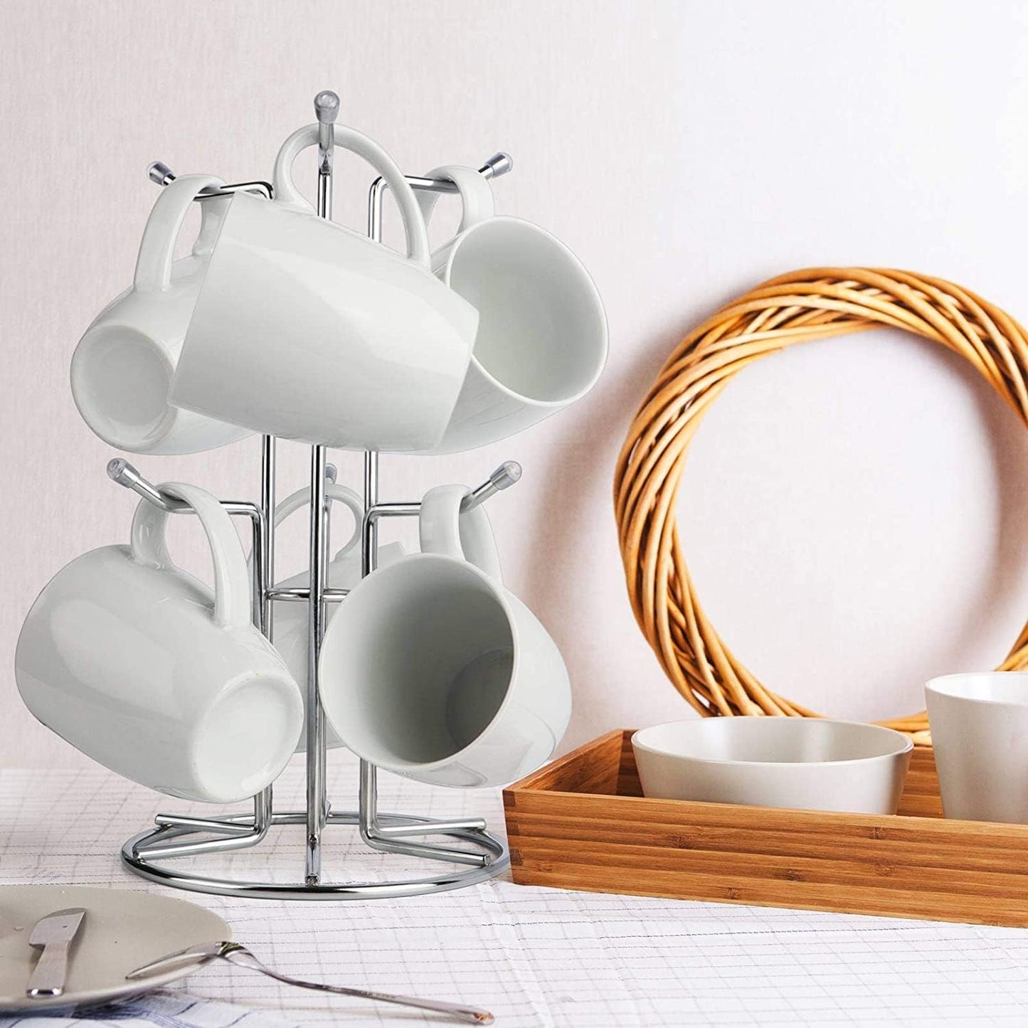 HULISEN Mug Tree for Large Cup, 6 Hook Countertop Coffee Mug Holder, Silver | Cup Rack for Counter, Stable Wide Base