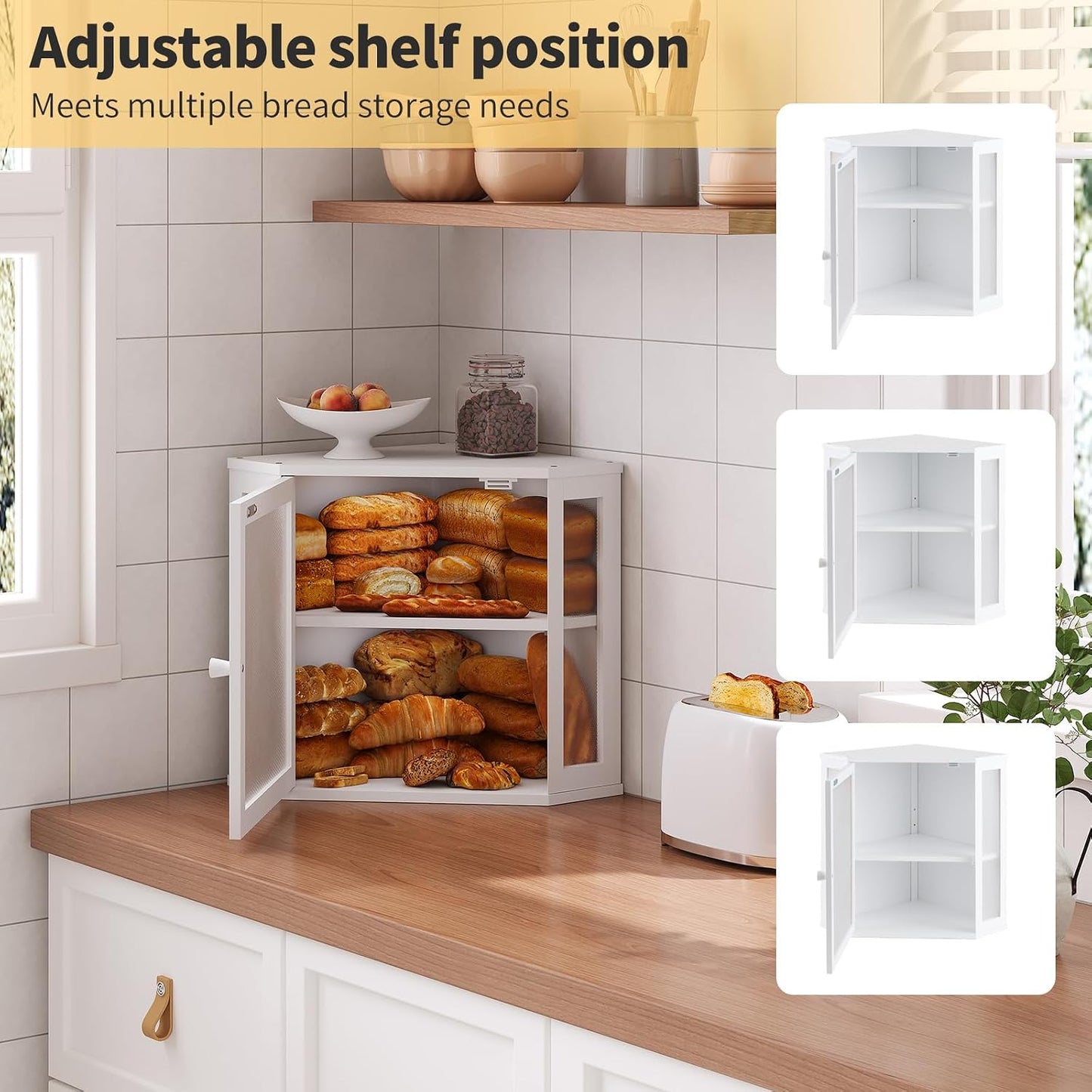Corner Bread Box for Kitchen Countertop,Bread Storage for Homemade Bread, Double Layer Large Bamboo Kitchen Storage Bin