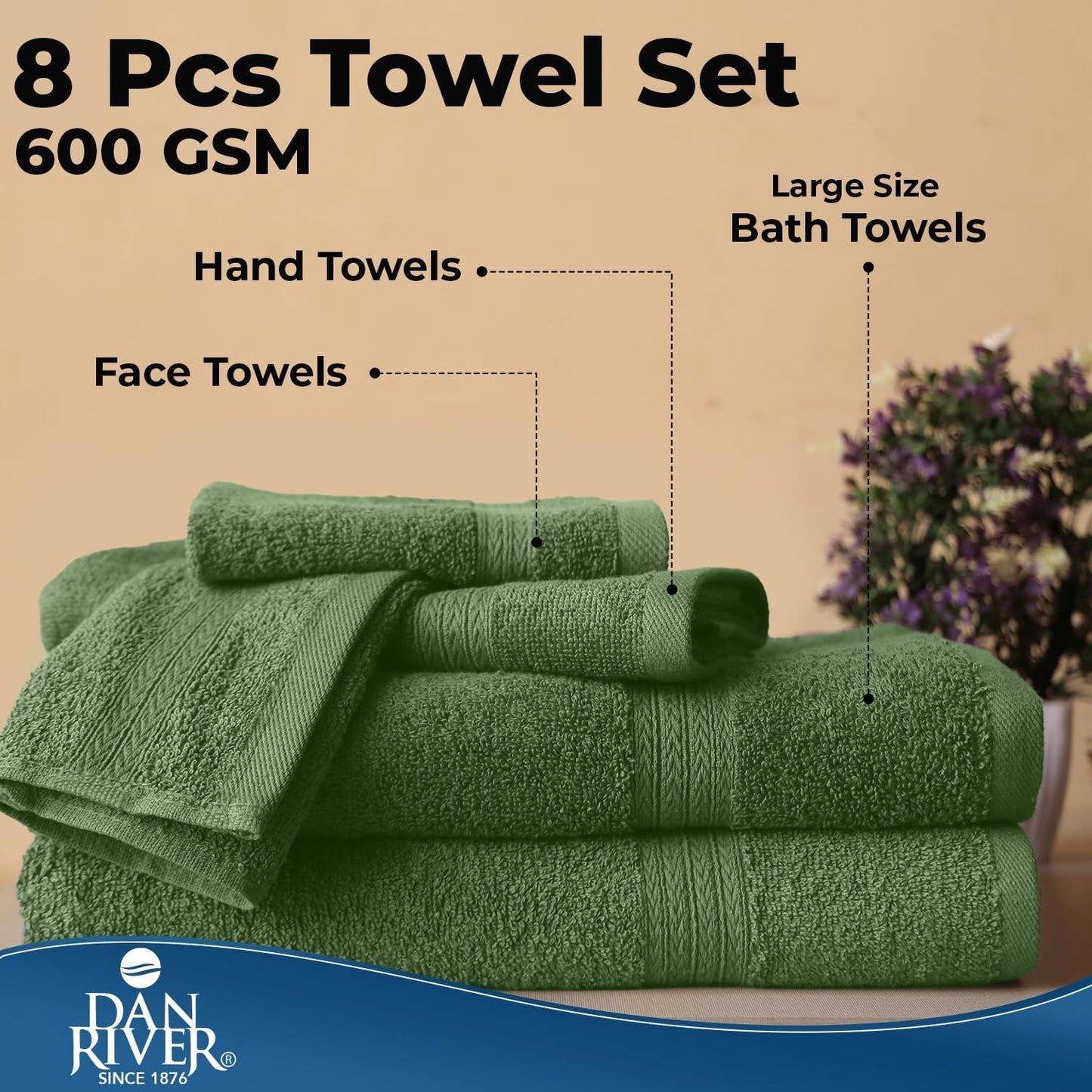 DAN RIVER 8 Piece Luxury Bath Towels for Bathroom, Towel Set, Sage Green | 2 Bath towels, 2 Hand towels, and 4 Wash