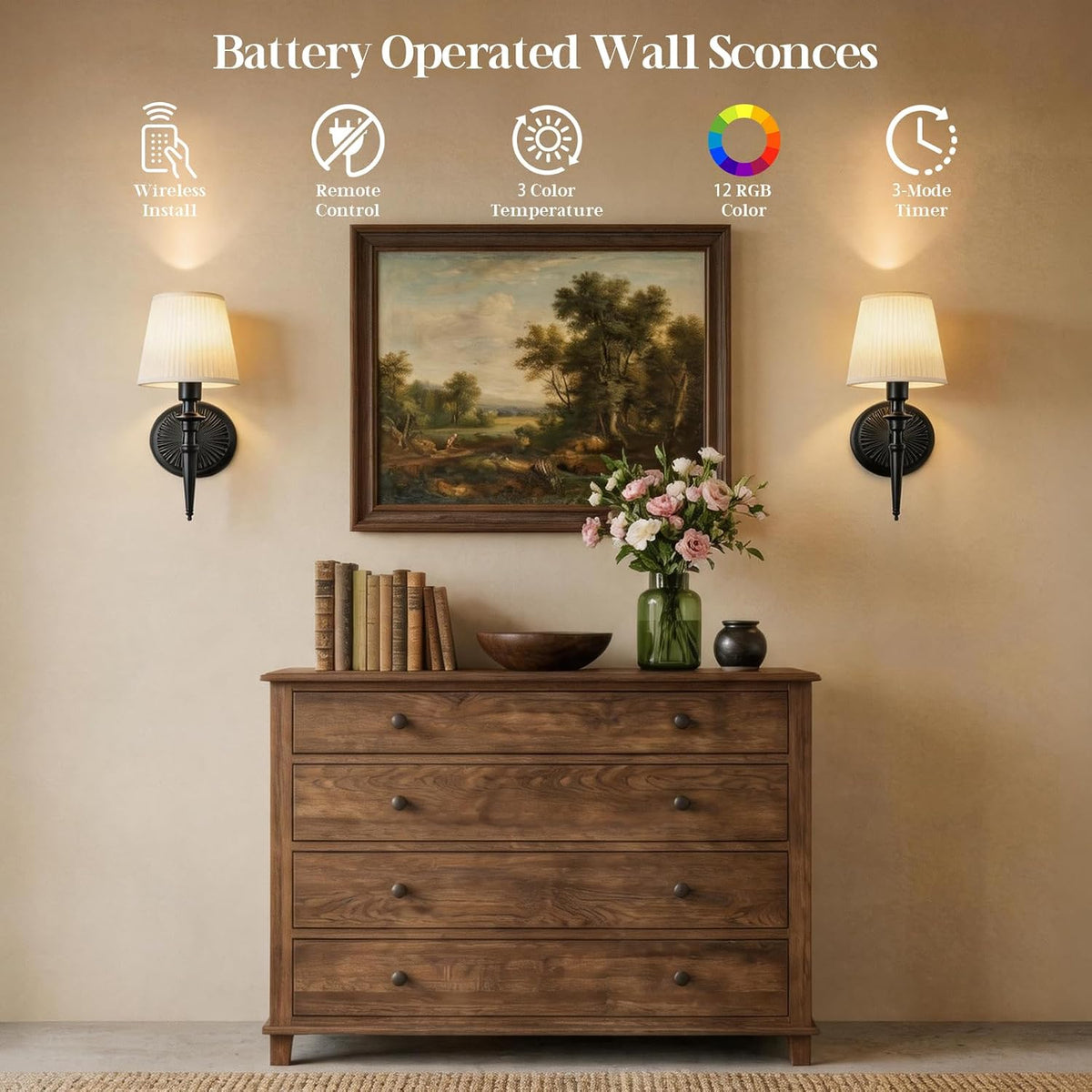 Battery Operated Wall Sconces Set of 2, Wireless Rechargeable Wall Lights with 12 RGB Colors and 3CCT Dimmable, Small