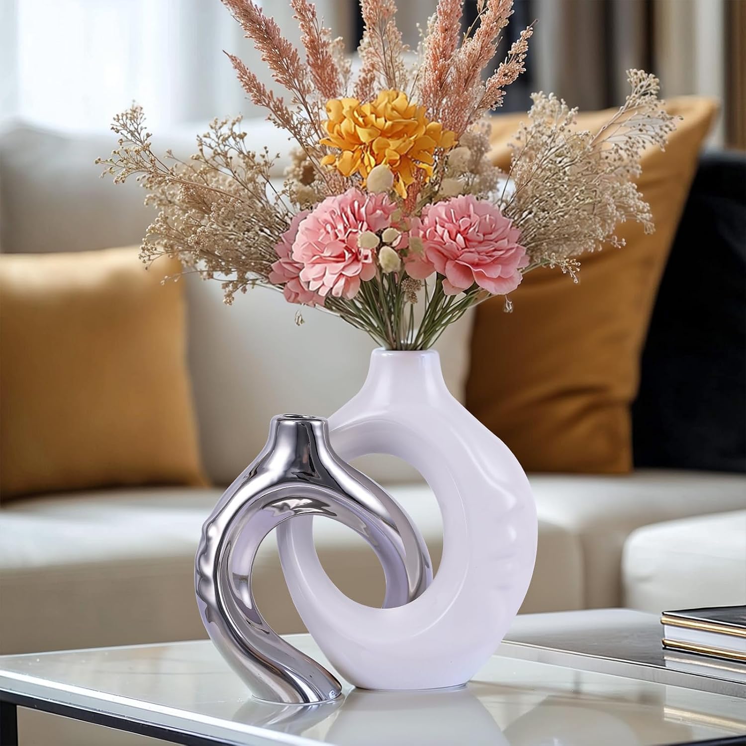 Round Boho Vase for Pampas Grass / White Silver / Set of 2