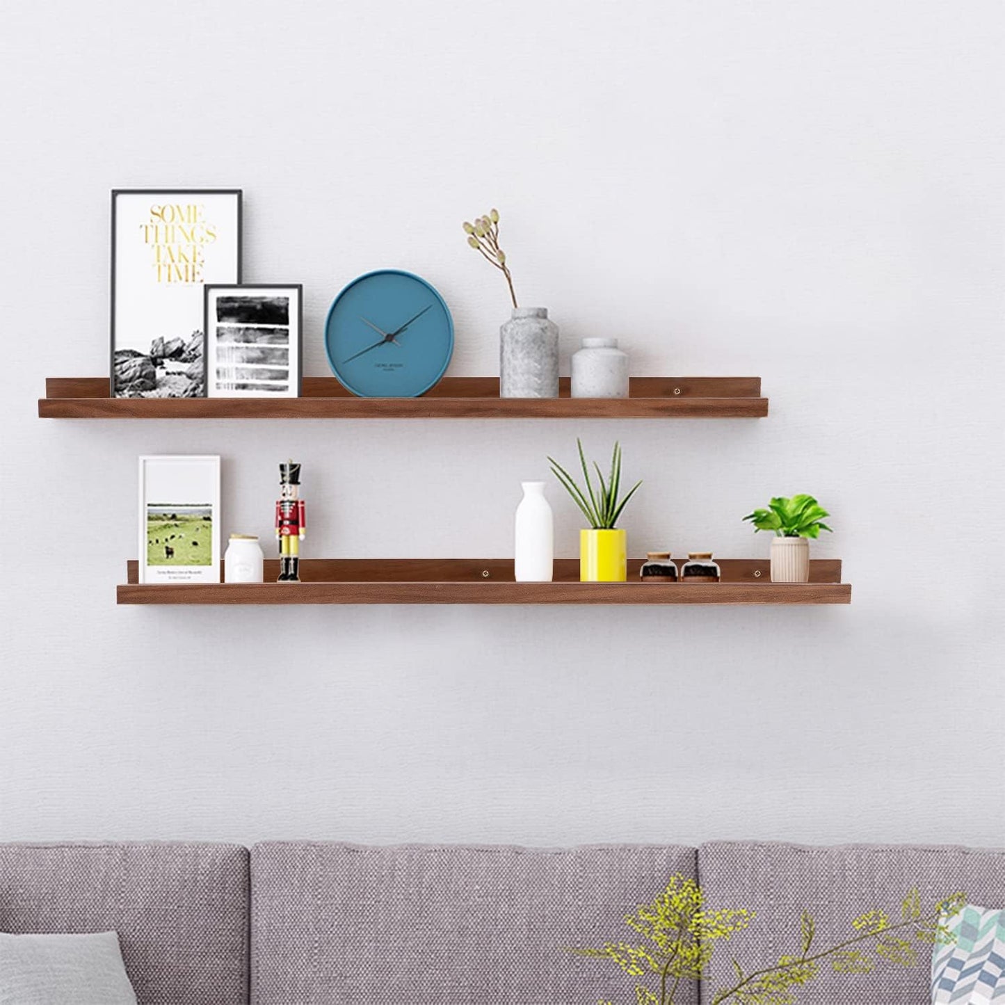AZSKY Light Walnut Color Wood Wall Floating Shelves for Wall 36 Inch Bookshelf Wall Mount Picture Photo Frames Display