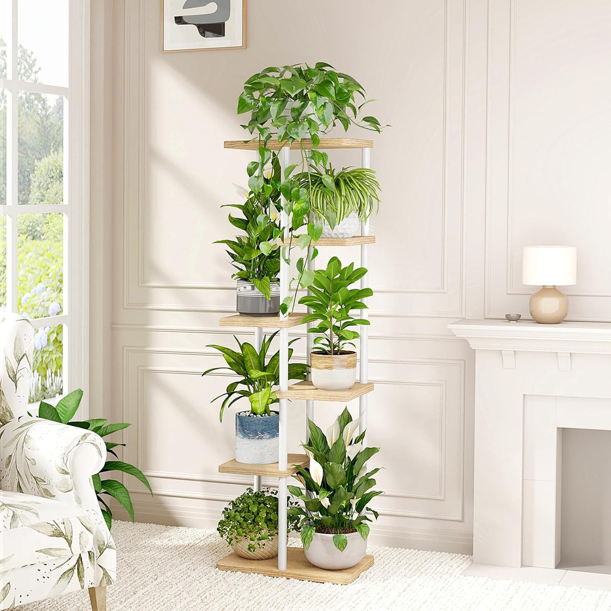 Bamworld Plant Stand 6 Tier Tall Shelf for Multiple Plants White | Tiered indoor shelf adds vertical display space to