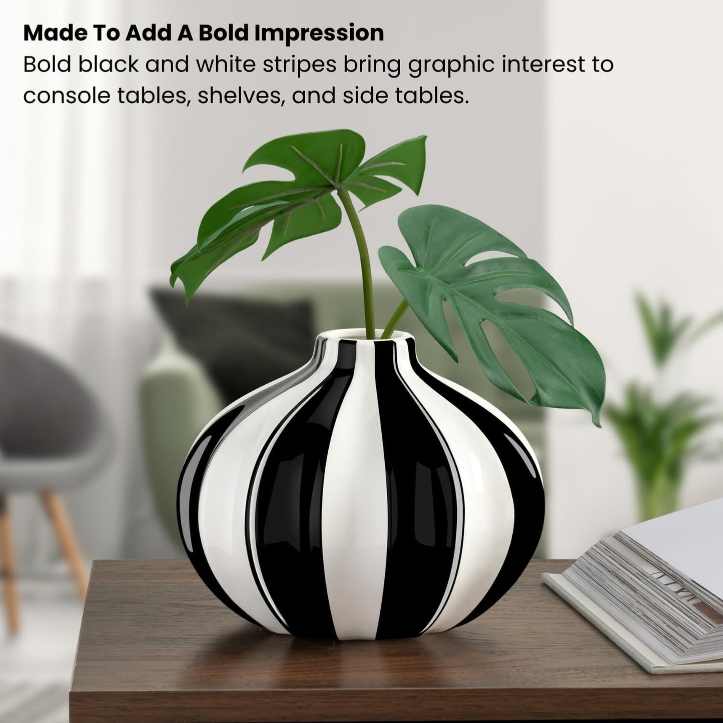 Ceramic and White Striped Vase / 5.5 Inch / Black