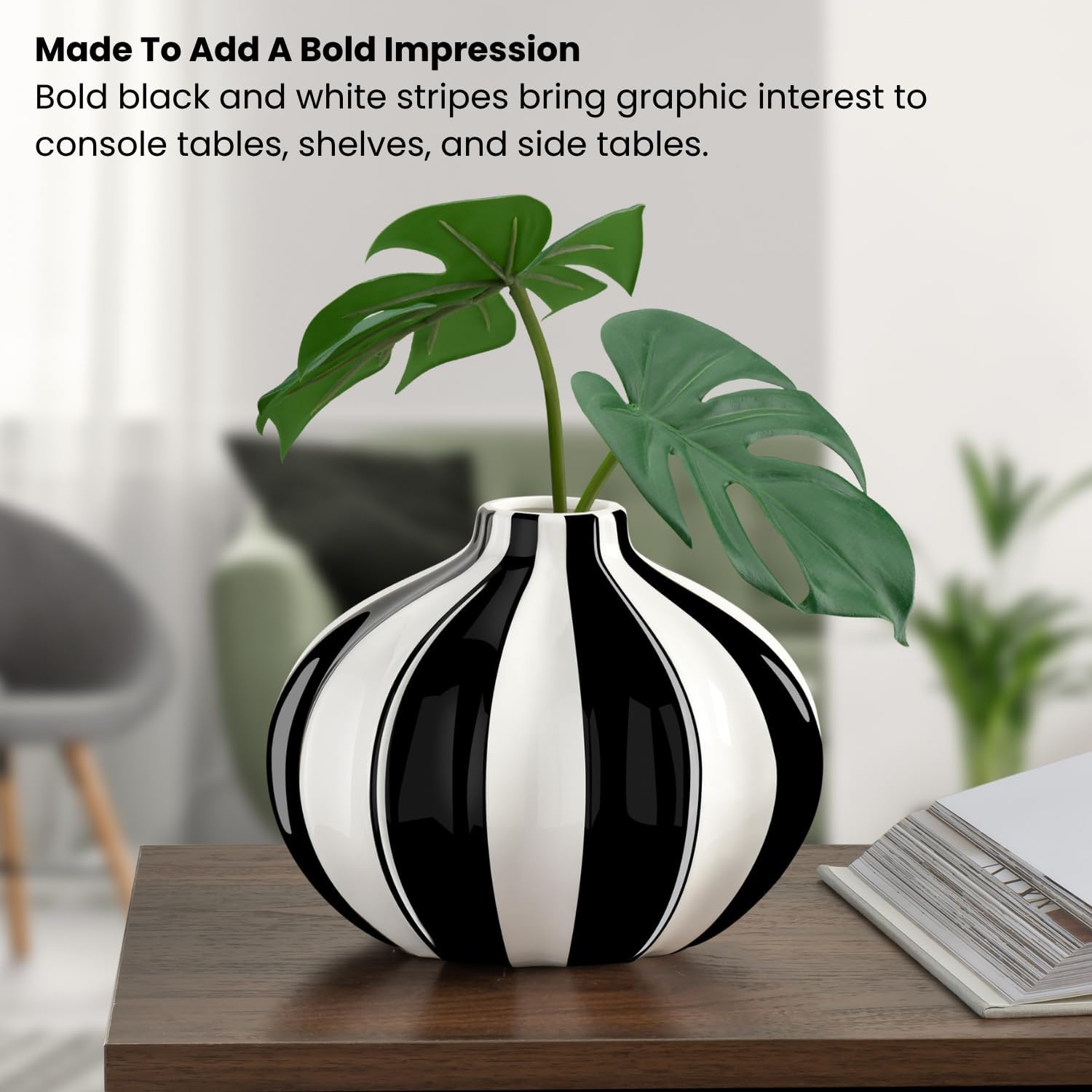 Ceramic and White Striped Vase / 5.5 Inch / Black