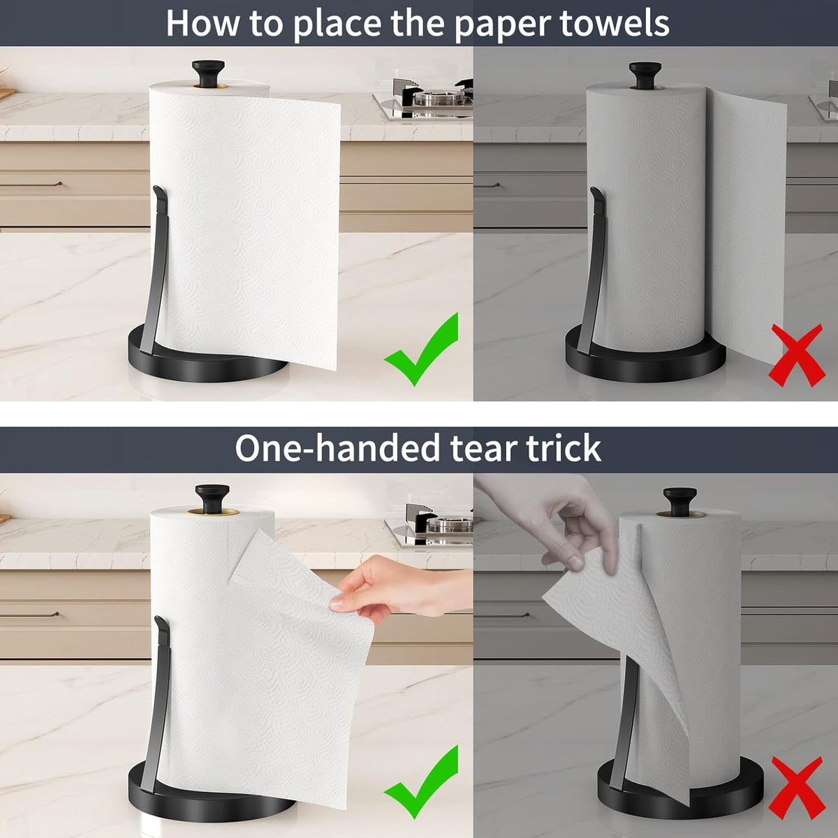 Jesginboo Countertop Paper Towel Holder for Kitchen, Black Tension Arm | One-Handed Tear, Stainless Steel Paper Towel