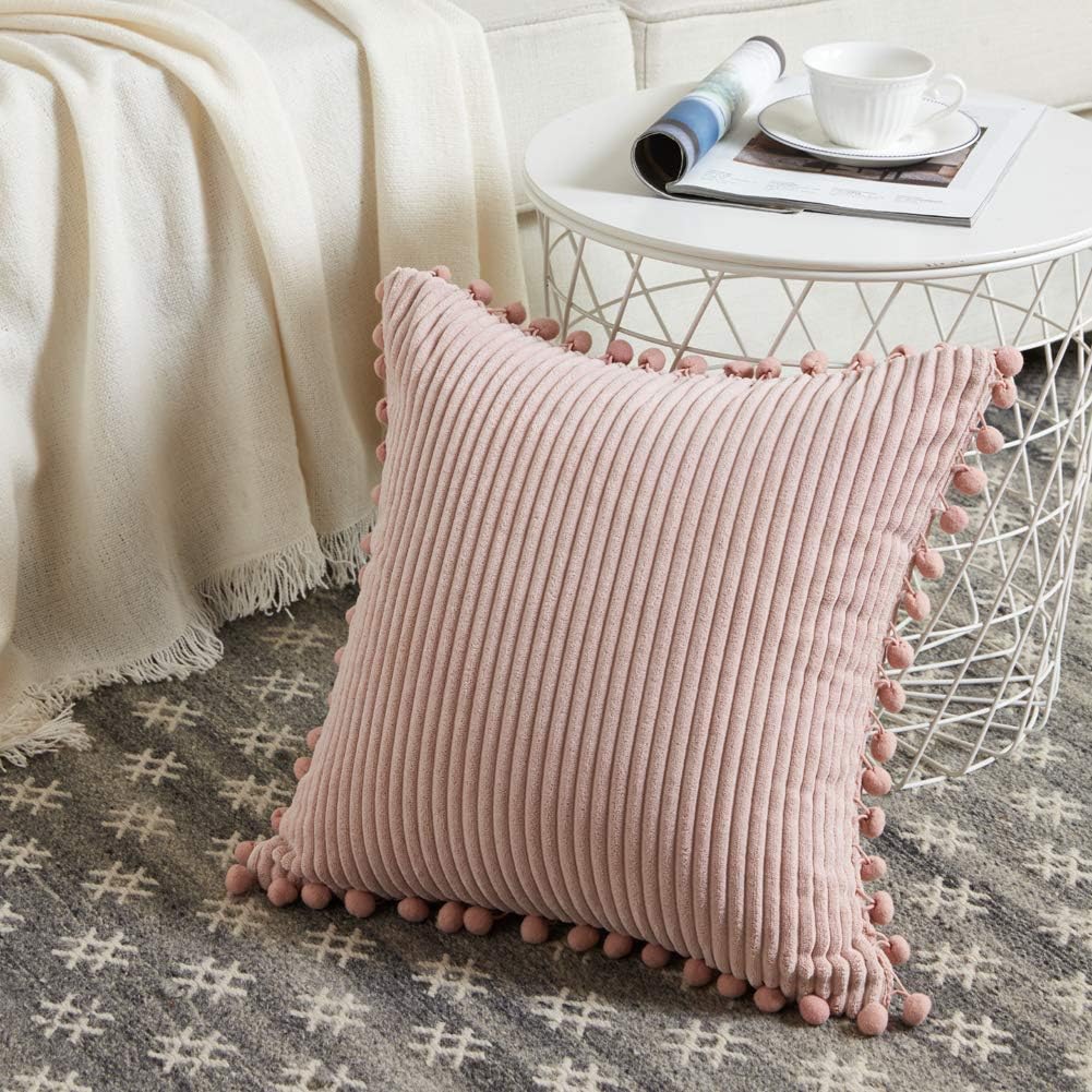 Soft Corduroy Solid Square Cushion Case Pillow Cases / 18 x 18 / Blush Pink / Set of 2