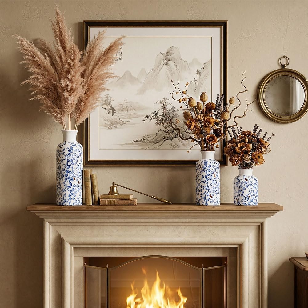 Chinoiserie Decor Ceramic Vases Set / Blue Floral