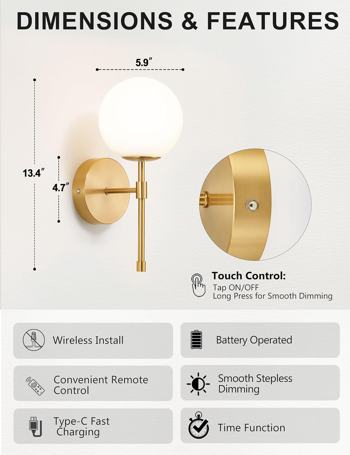 Battery Operated Wall Sconces, Brushed Gold 3 Color Dimmable Set of 2