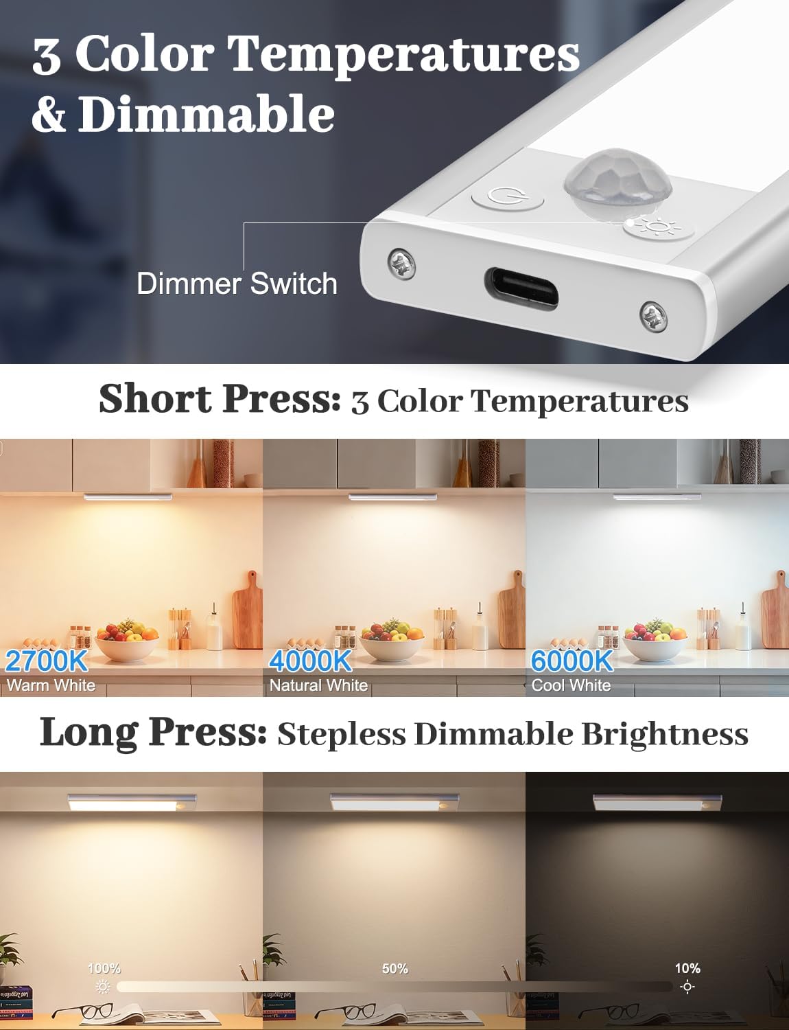 VerRon 6-Pack Under Cabinet Lighting with Charging Station, 8inch | 2000mAh Rechargeable, 3 Color Temps, Dimmable