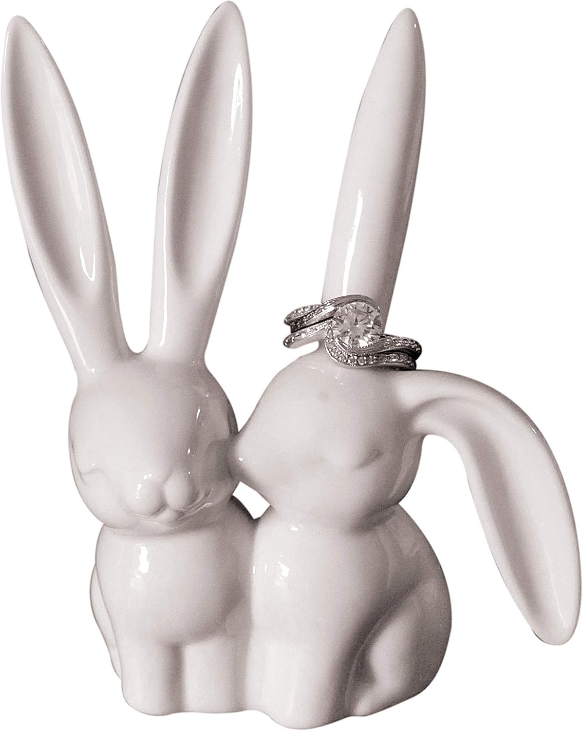 Ceramic Bunny Rabbits Ring Holder / White