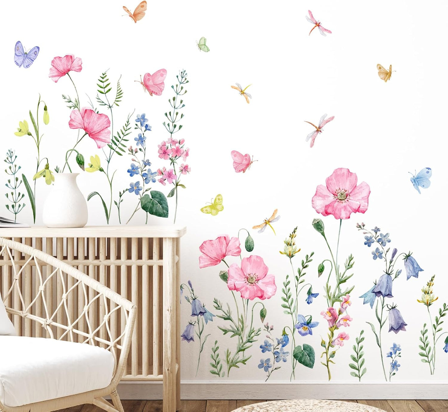 Watercolor Wildflower Wall Decals Colorful Garden Flower Grass Butterflies Wall / Pink Wildflower