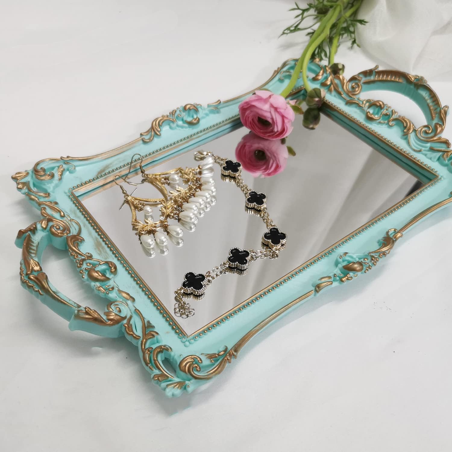 Serving Tray / Makeup Organizer / Golden Blue / 13 x 7.8