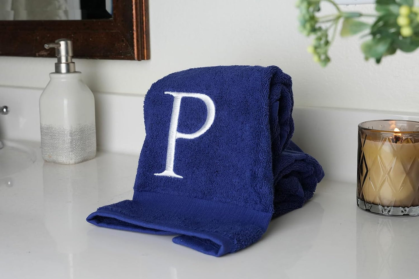 Navy with White Monogrammed Hand Towels for Bathroom - Set of 2 Letter P | Luxury Hotel Quality Initial Towels For