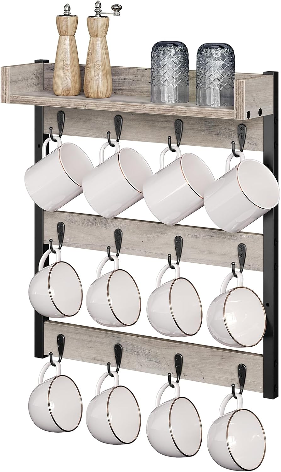 Coffee Mug Holder Stand, 3 Tier Mug Tree Rack, Hanging 12 Cups, with Top Shelf, for Kitchen, Dining Room, Living Room
