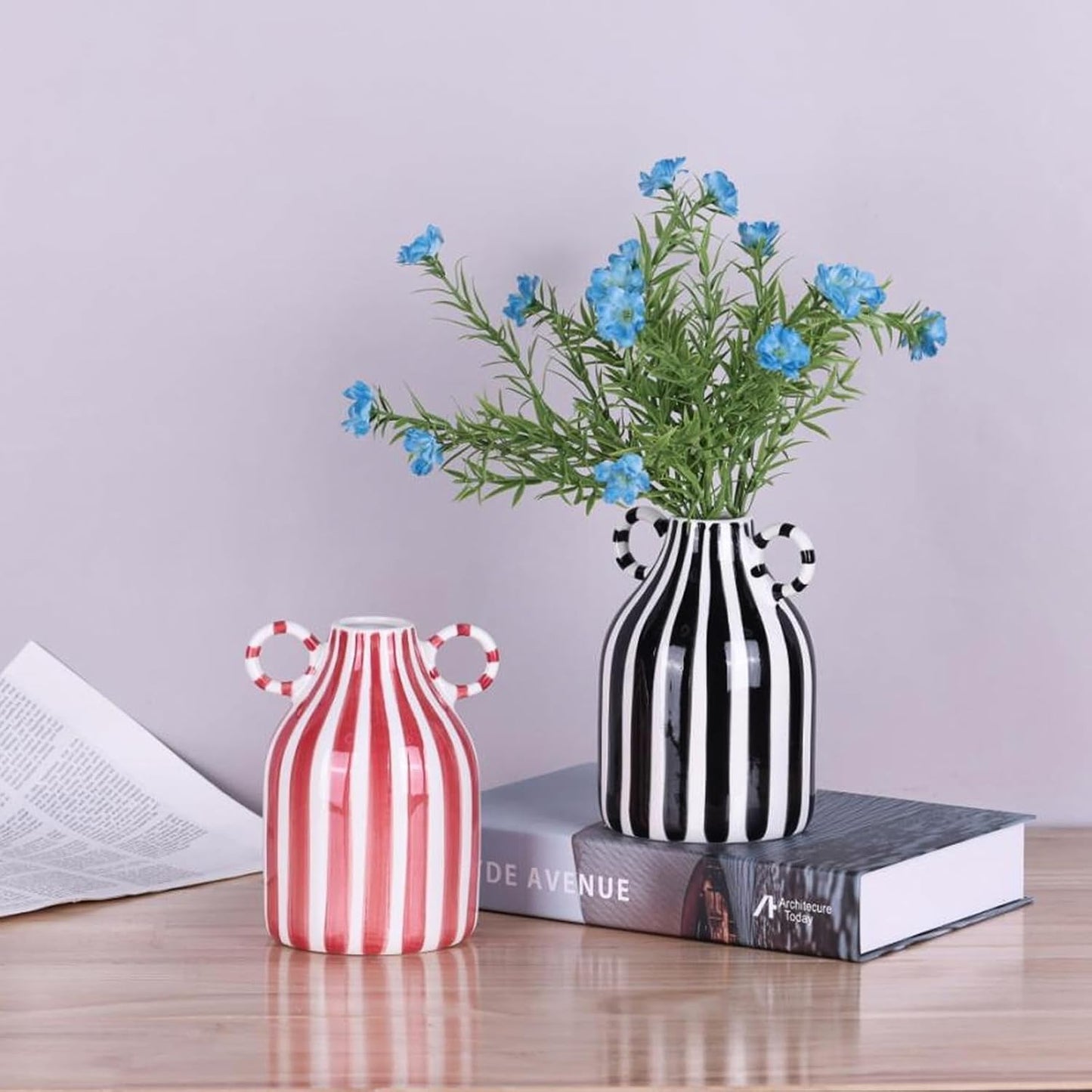 Ceramic Vase / Nordic Boho Small Vases Side Table Flower Centerpiece / Red and White