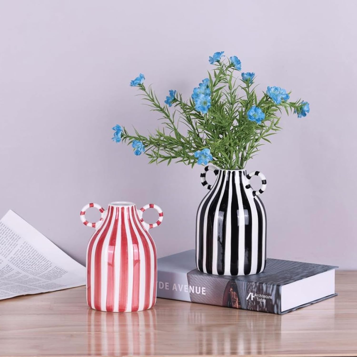 Ceramic Vase / Nordic Boho Small Vases Side Table Flower Centerpiece / Red and White