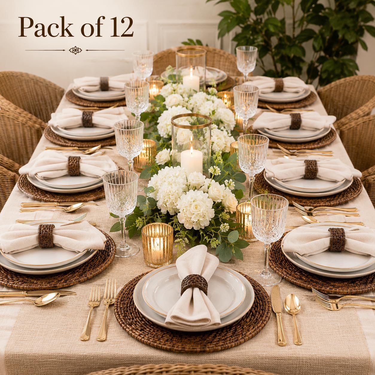 Jute Cane Napkin Rings, Woven, 12-Pack, Walnut | Plastic & cane, 2.25x2.25x1.5 in each, reusable, farmhouse, boho