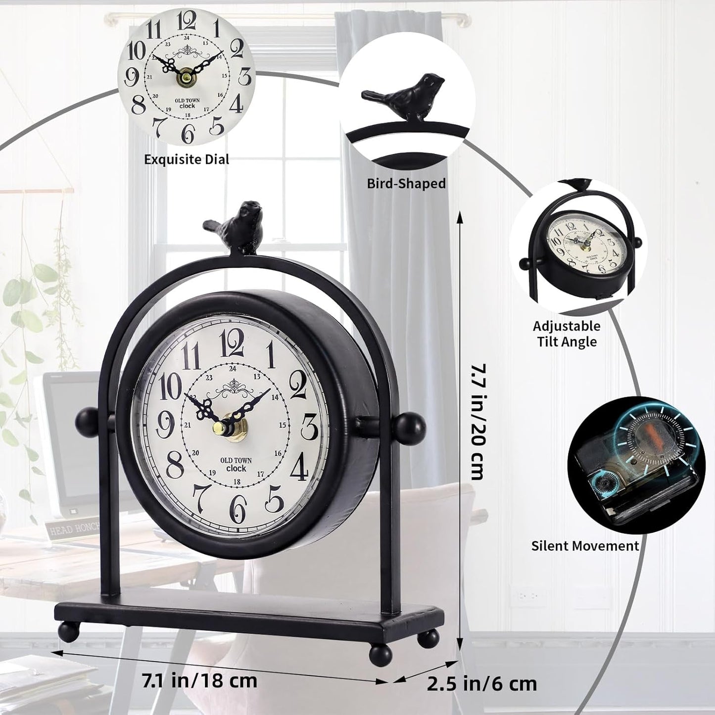 Vintage Farmhouse Table Clock with Bird Topper, Silent Non-Ticking Mantel Clock with Closable Back Cover, Black Iron