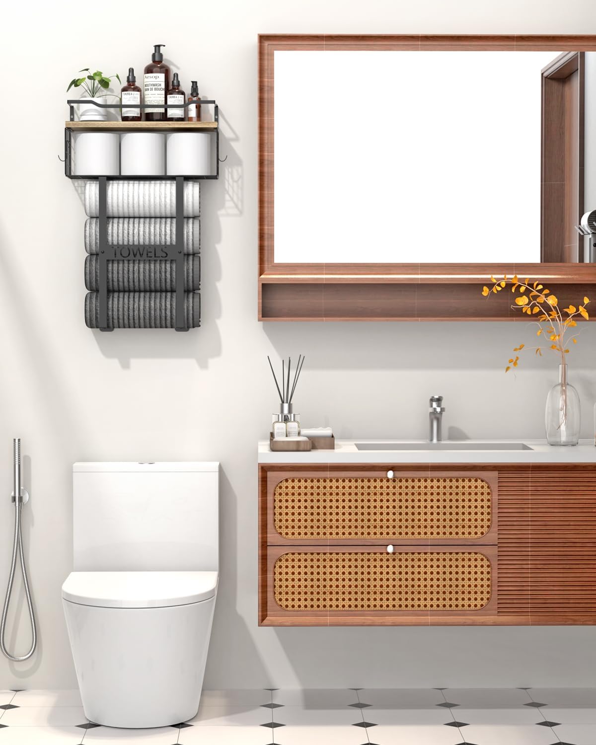 Towel Racks for Bathroom Wall Mounted - Bath Wall Towel Holder Set Above Toilet Storage, Rolled Towel Shelf Organizer