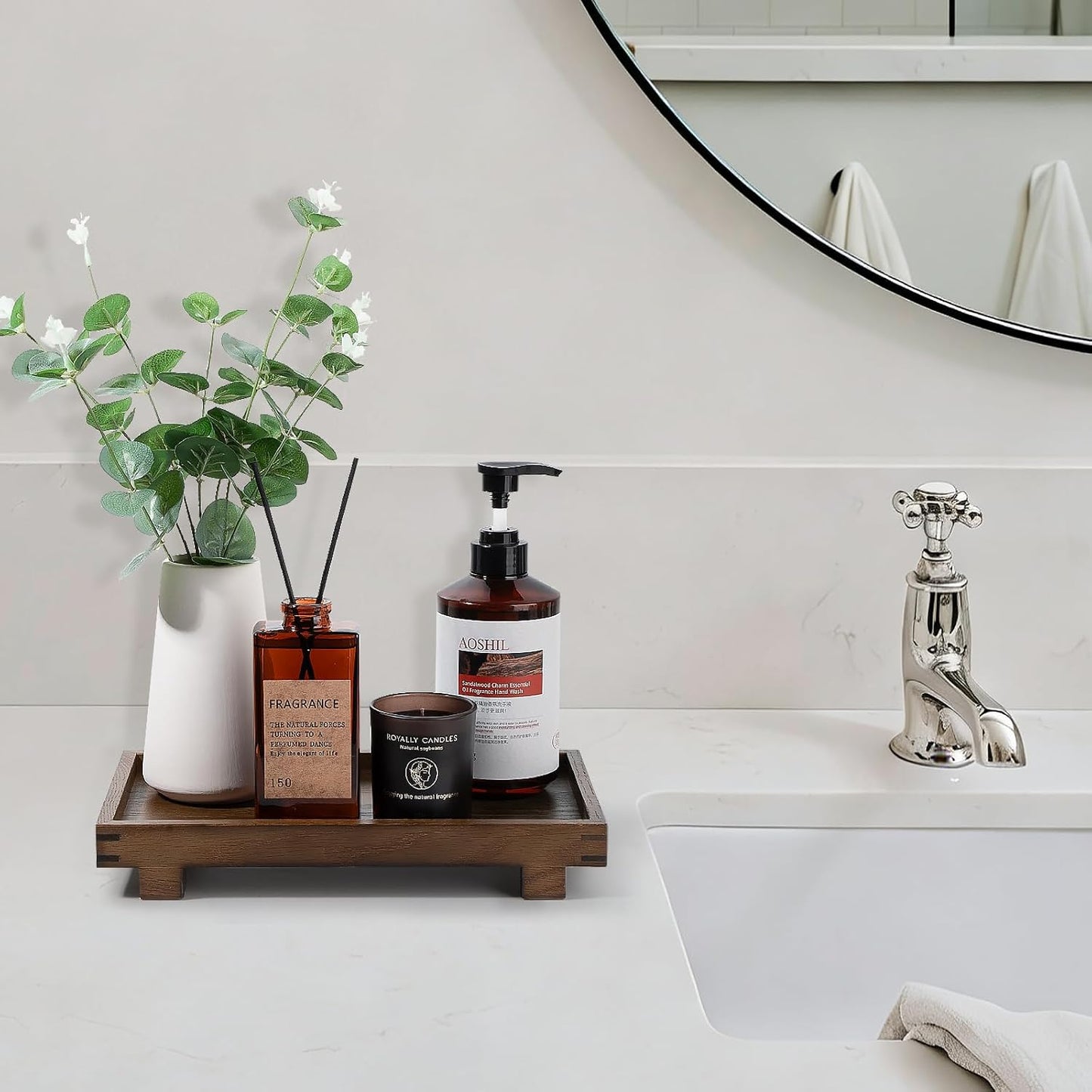 Decorative Tray Small Pedestal Stand Farmhouse Bathroom Decor Wooden / Walnut / 11.4 x 6.7 x 1.7