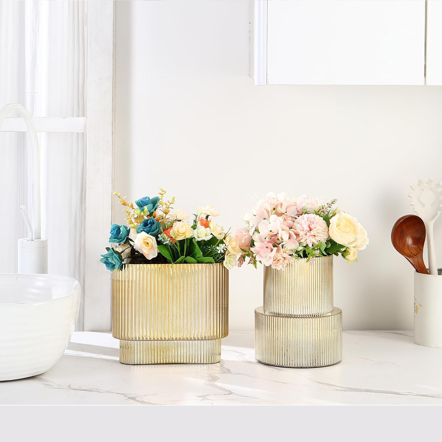Glass Vases / Modern Glass Vase / Gold / Ribbed + Oval / Set of 2