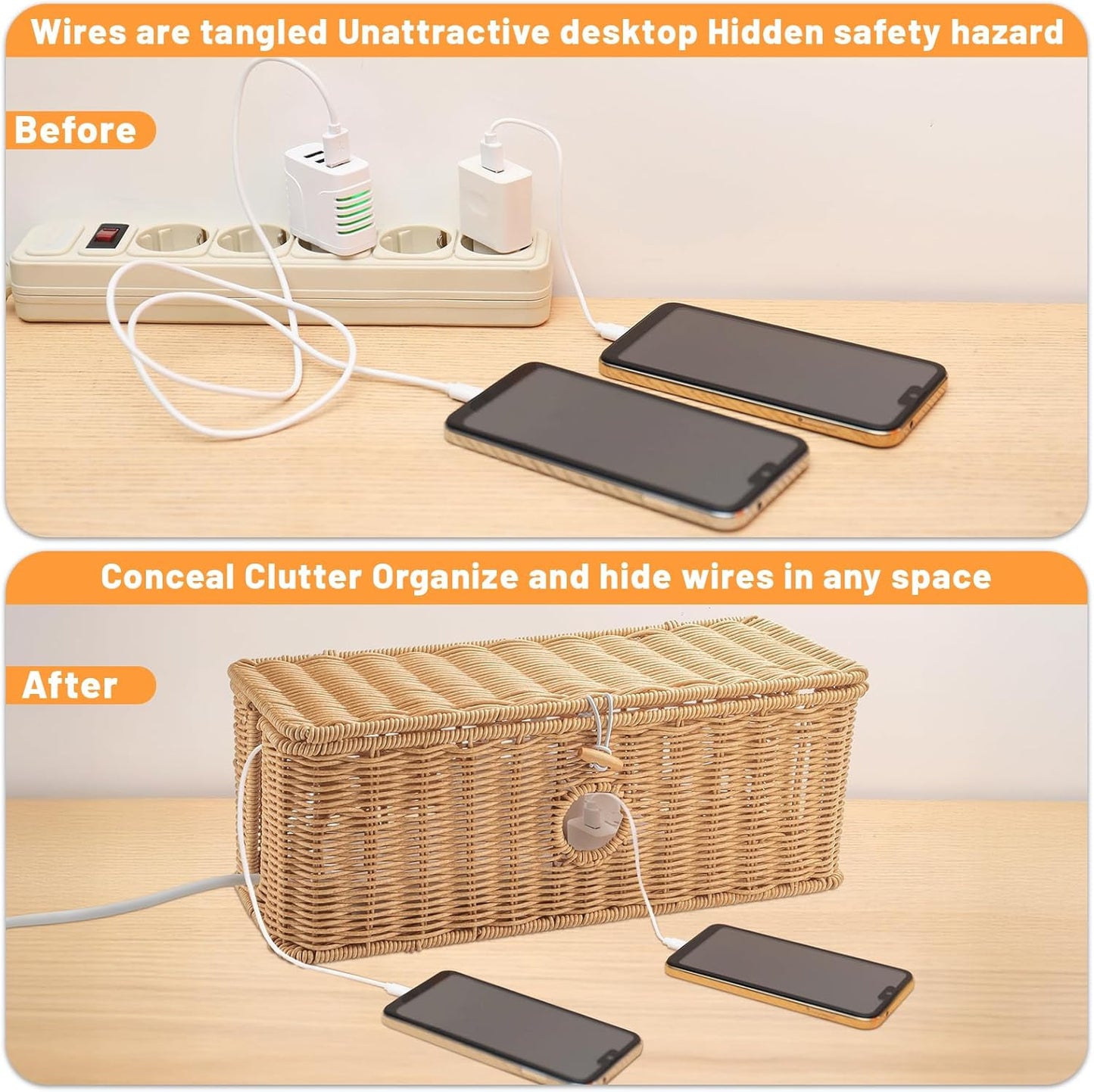 Handmade Cable Management Boxes Rattan Cable Organizer Large & Medium Cord Hider / Set of 2