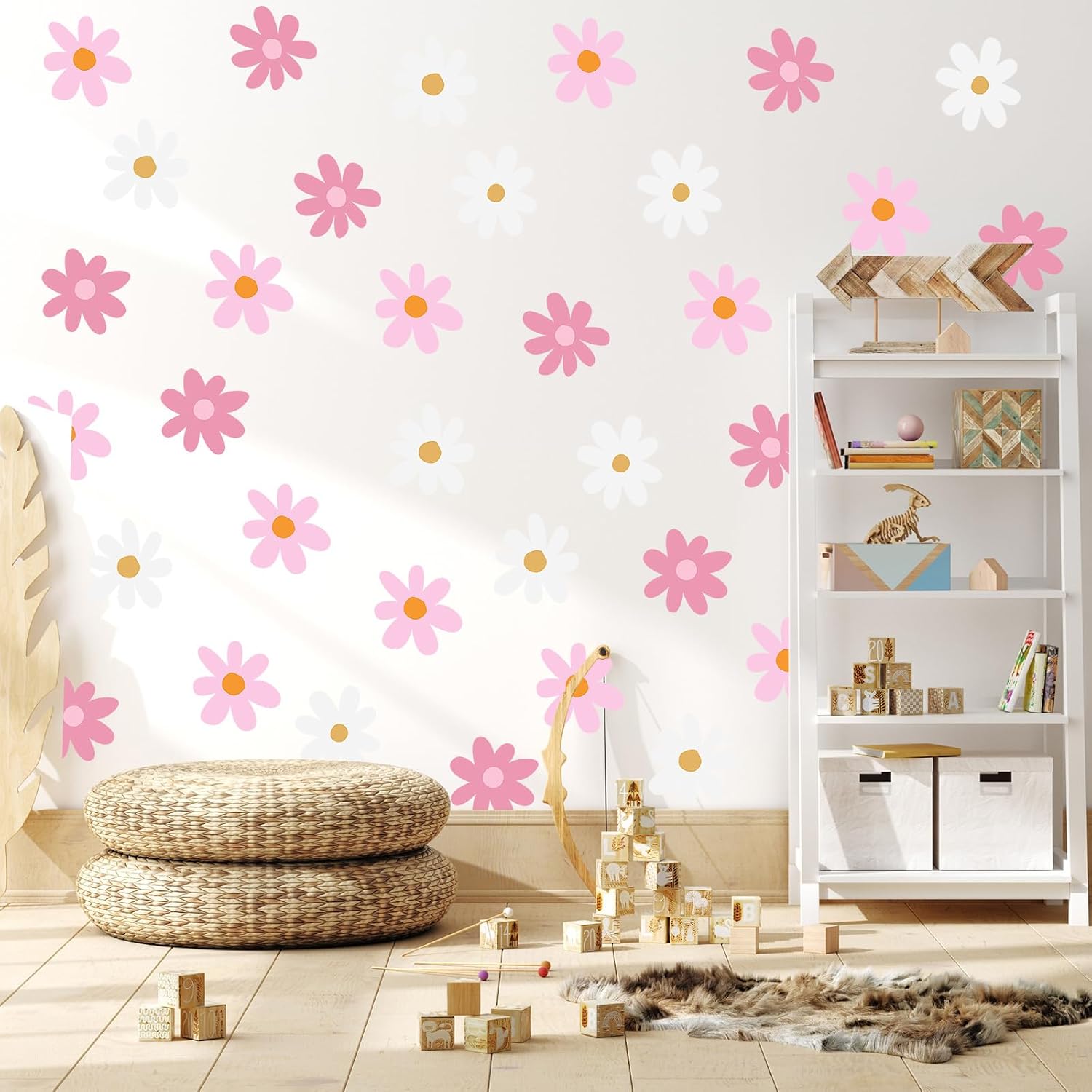 Daisy Wall Decal Flower Vinyl Wall Floral Decals Peel and Stick Daisy Stickers / Pink, White