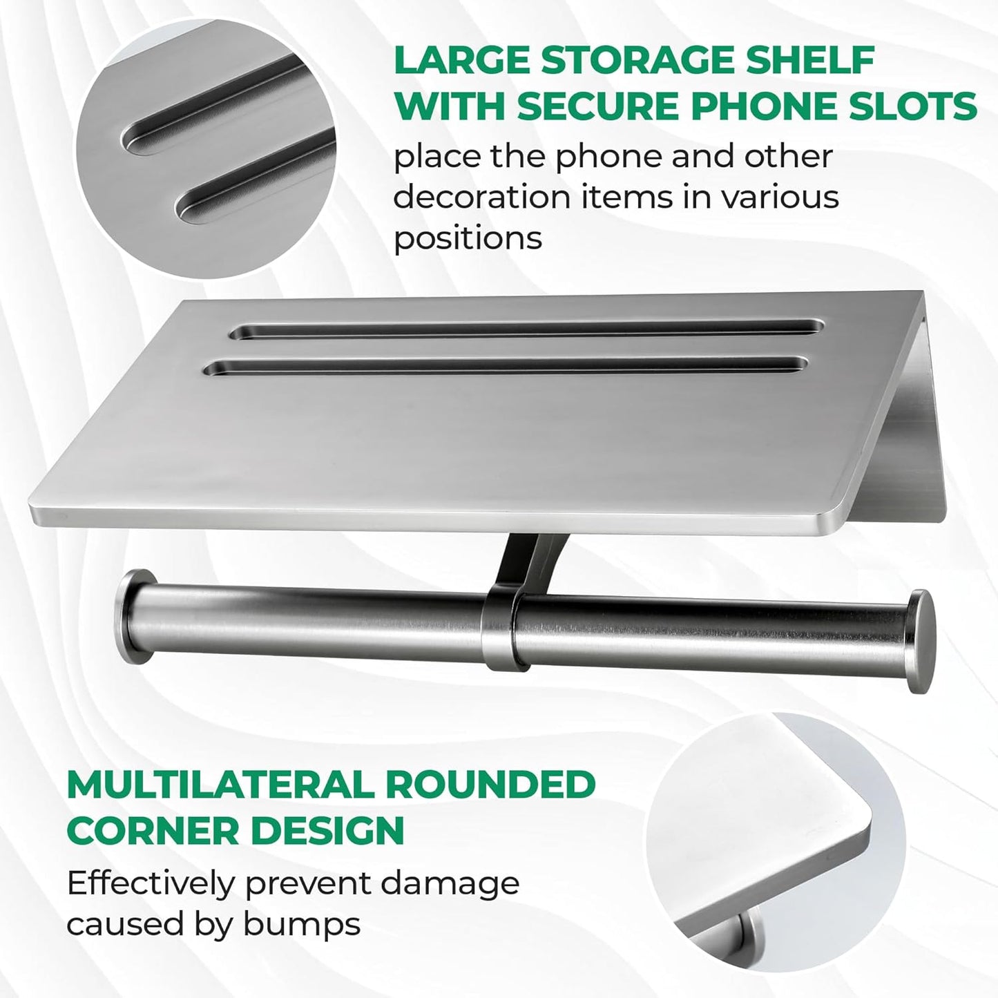 Toilet Paper Holder - Aluminium Double Roll Toilet Tissue Holder with Mobile Phone Shelf for Bathroom, 3M Self Adhesive