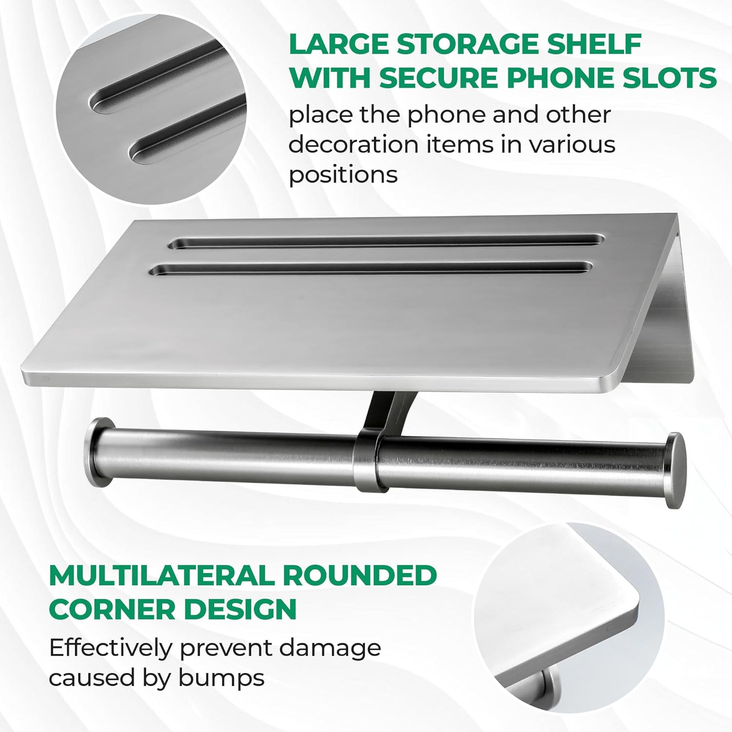 Toilet Paper Holder - Aluminium Double Roll Toilet Tissue Holder with Mobile Phone Shelf for Bathroom, 3M Self Adhesive