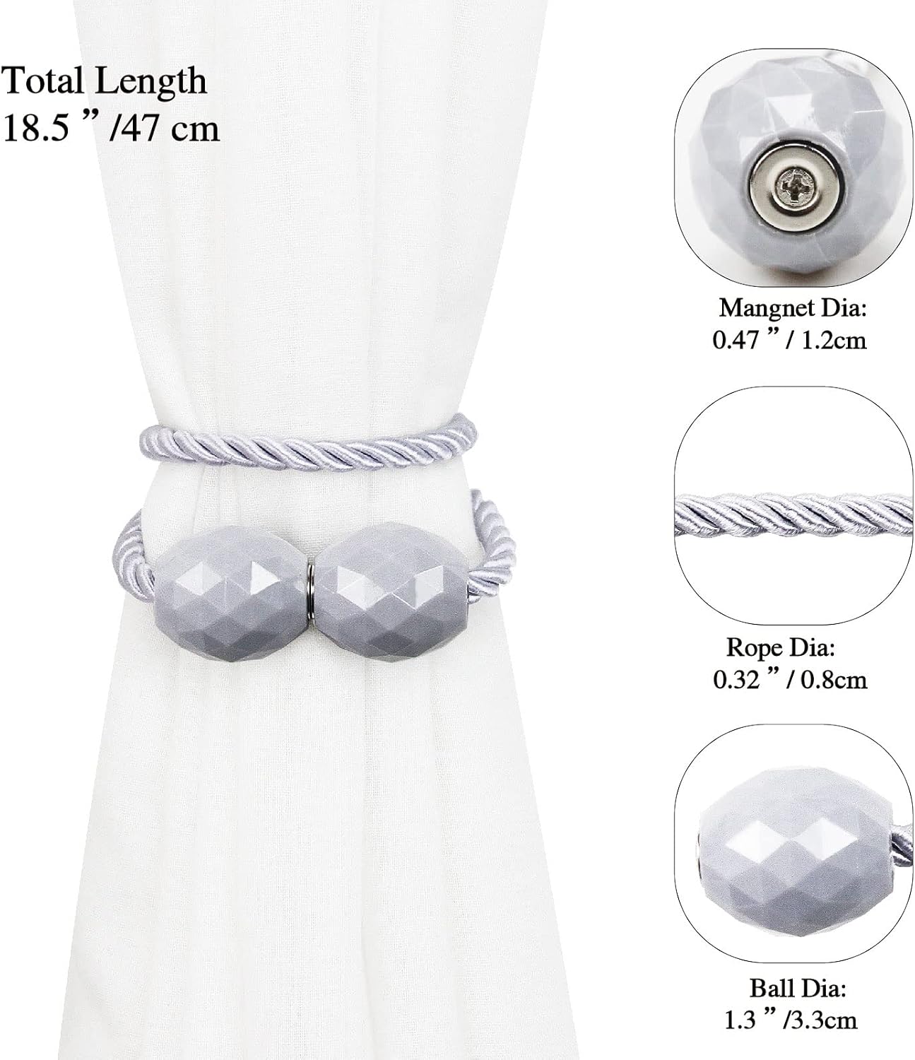 Strong Magnetic Curtain Tiebacks Decorative Rope Tie Backs Holdbacks Porlau | 6 Pack Light grey Outdoor Curtain Rope