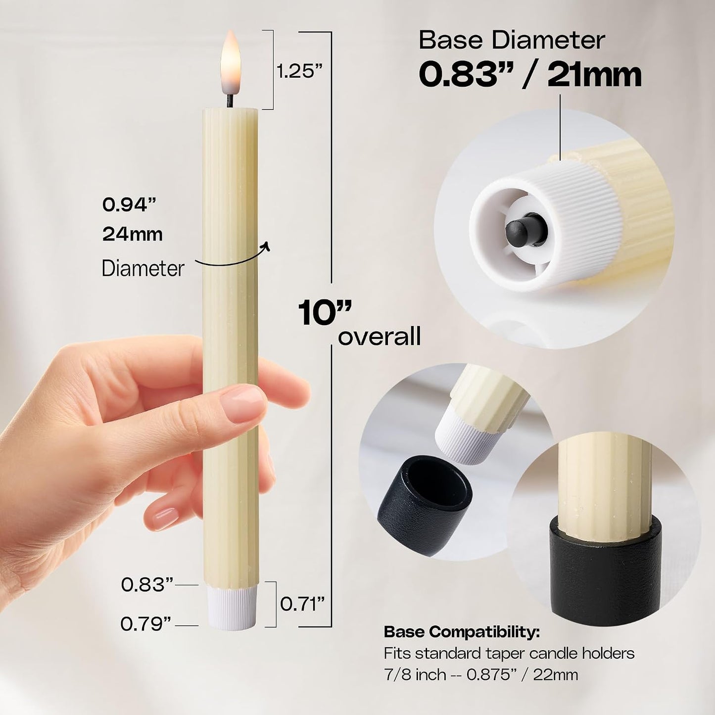 10" Fluted Ribbed LED Ivory Grooved Real Wax Taper Candles, Remote & 24h Timer Memory, On/Off Switch - Flameless