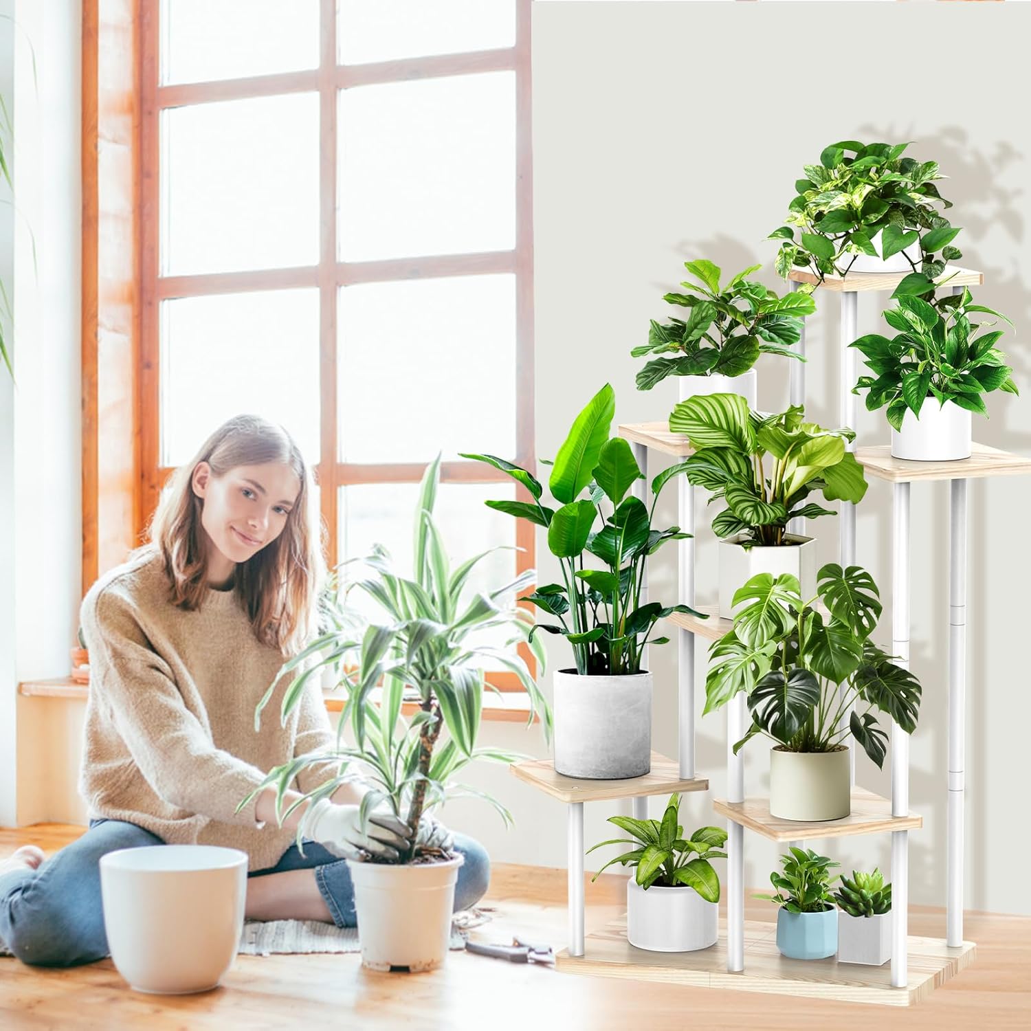 7 Tier Plant Stand Indoor, Thickened Metal Wood Corner Plant Shelf Stands for Multiple Plants, Indoor Tall Plants Stand