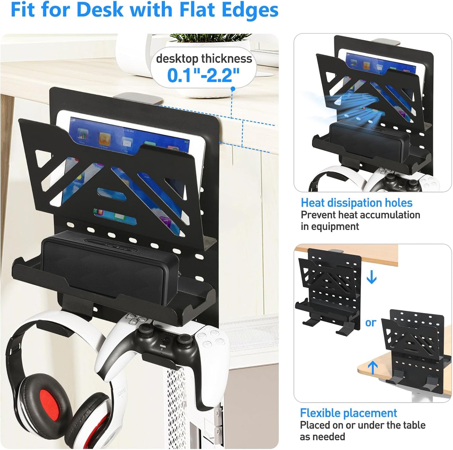 MAXECHO Desk Side Storage Holder, Metal Pegboard, Above or Under Desk Laptop Mount, Table Side Hanging File Organizer