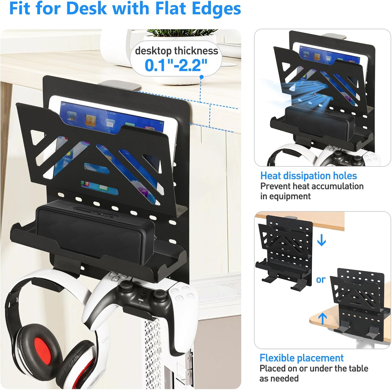 MAXECHO Desk Side Storage Holder, Metal Pegboard, Above or Under Desk Laptop Mount, Table Side Hanging File Organizer