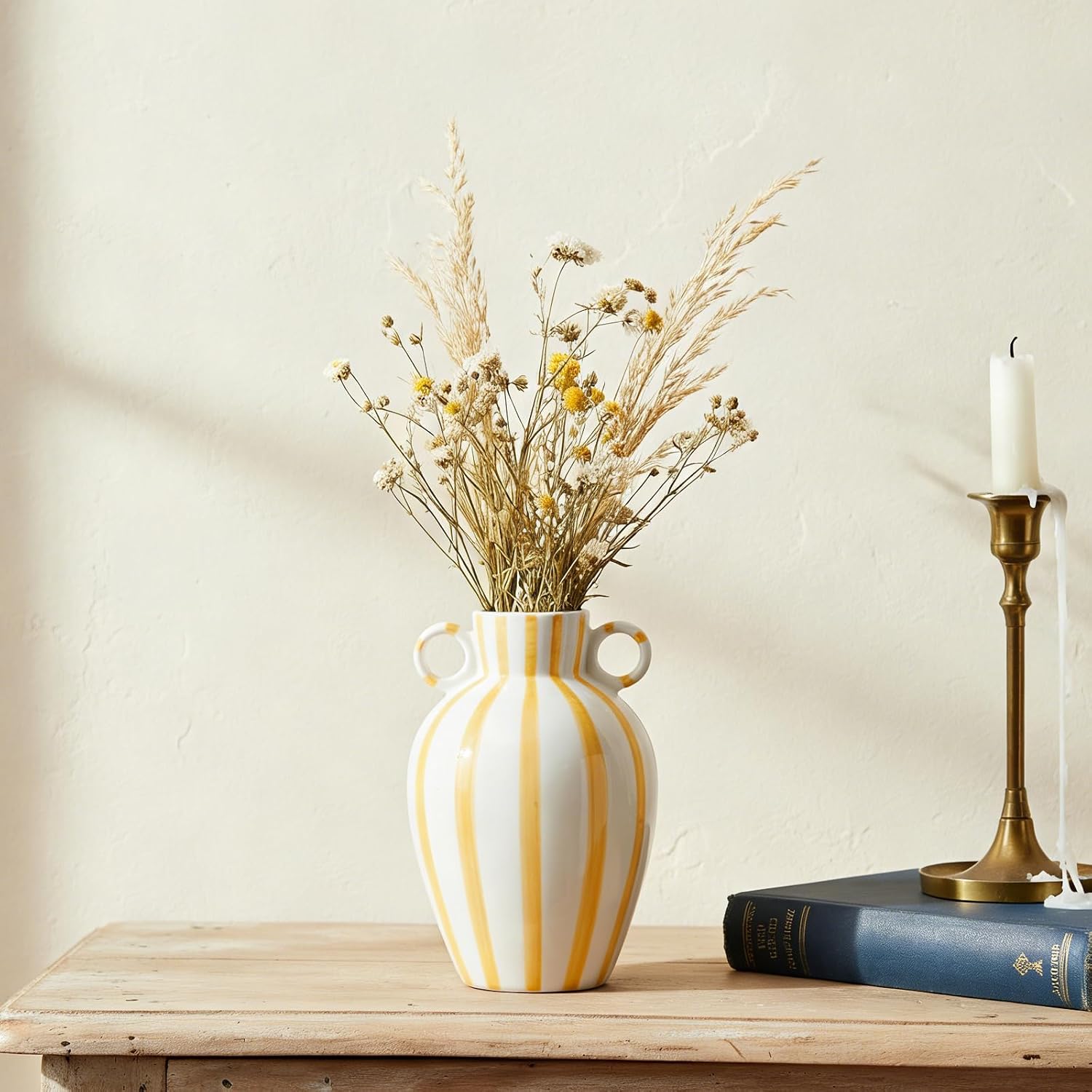 Ceramic Striped Flower Vase / Yellow