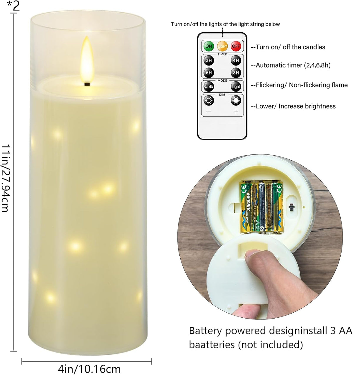 kakoya 11" x 4" Large Outdoor Waterproof Flameless LED Candles with Remote and Timer,Acrylic Pillar Candles Battery