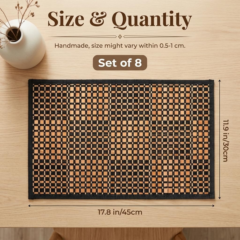 Eorbow 8 Pack Bamboo Placemats, Natural Anti-Slip Dining Table Mats, Heat-Resistant Place Mats, Japanese Style Washable