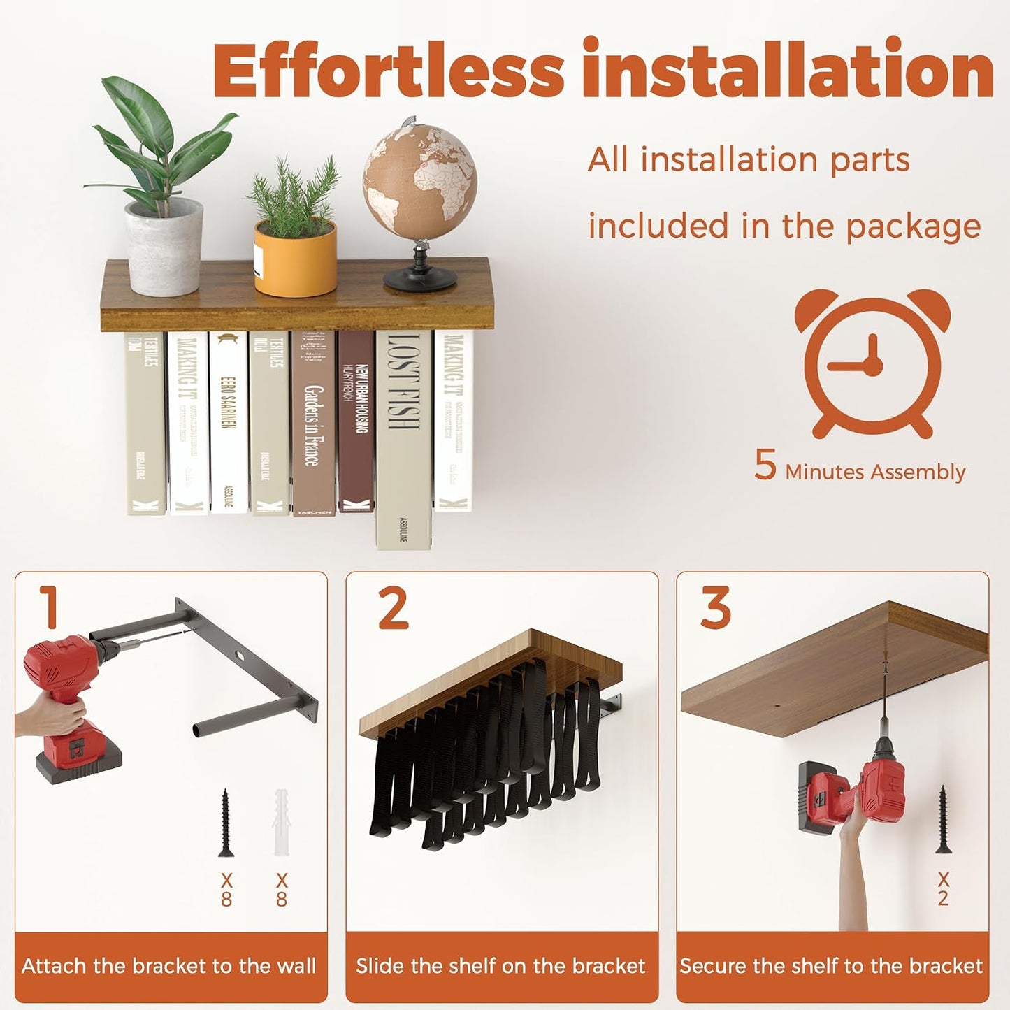Floating Book Shelves for Wall Set of 2, Unique Wood Hanging Bookshelf | Easy Install Wall Bookshelf with Anti-Tilt