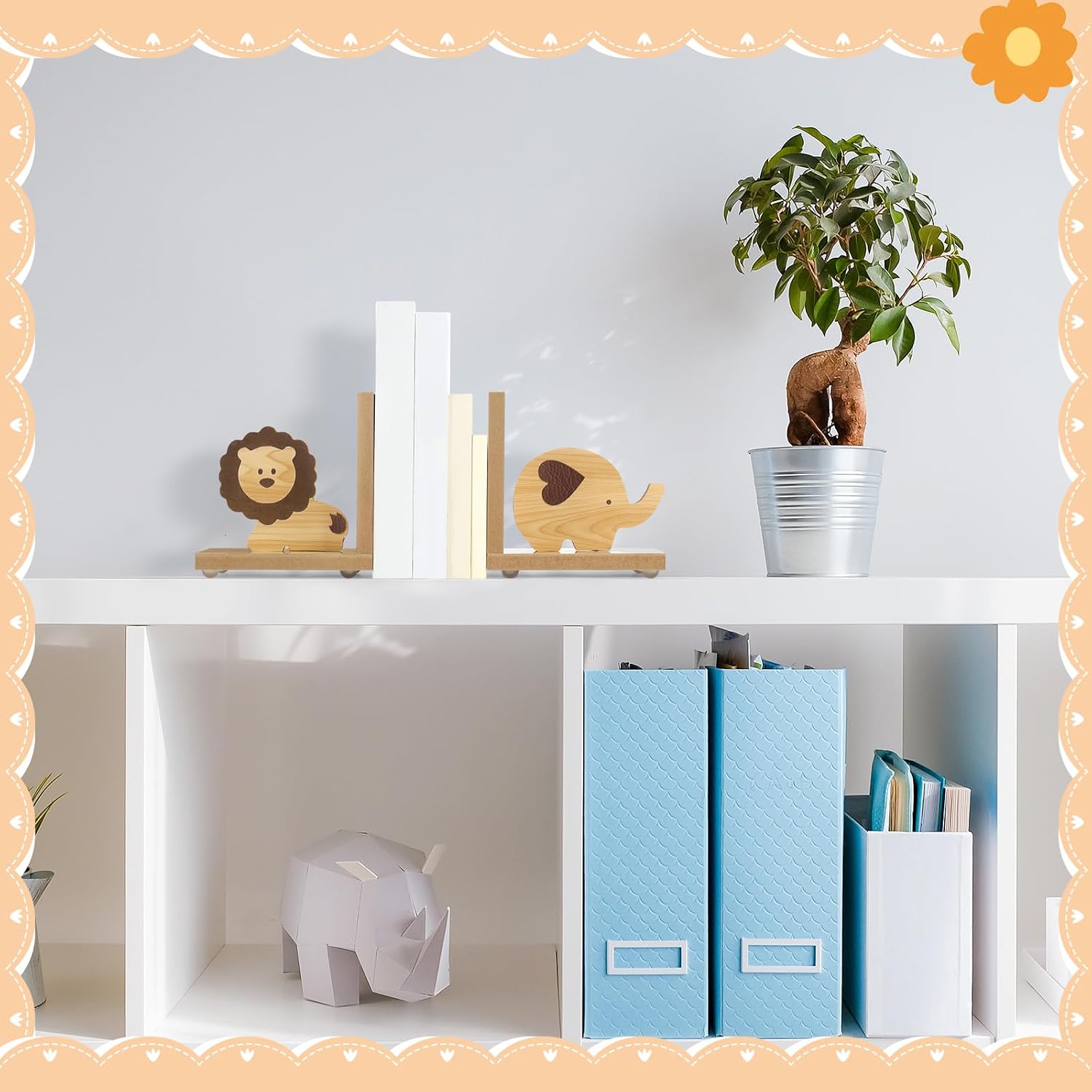 Animal Bookends for Kids Wooden Decor Safari Bookends Decor for Girl / Lion Elephant / Set of 2
