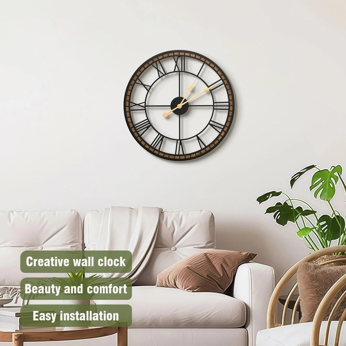 Micasso Modern Farmhouse Decorative Clock: 20 inch Battery Operated | Metal Wood Frame with Metal Center - Roman