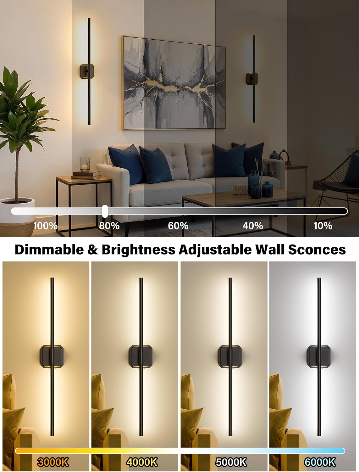 Battery Operated Wall Sconces Set of Two, Wireless Wall Lights Touch & Remote Control Rechargeable LED Wall Lamp