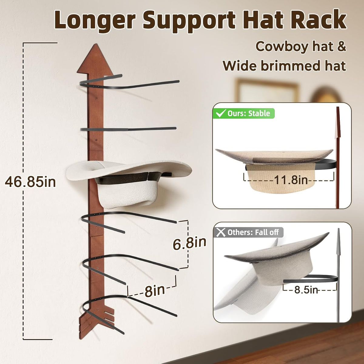 Cowboy Hat Holder for Wall 6PK Arrow Solid Wood with Metal Western Hat Rack | Wall Decor Hat Organizer Hanger Storage