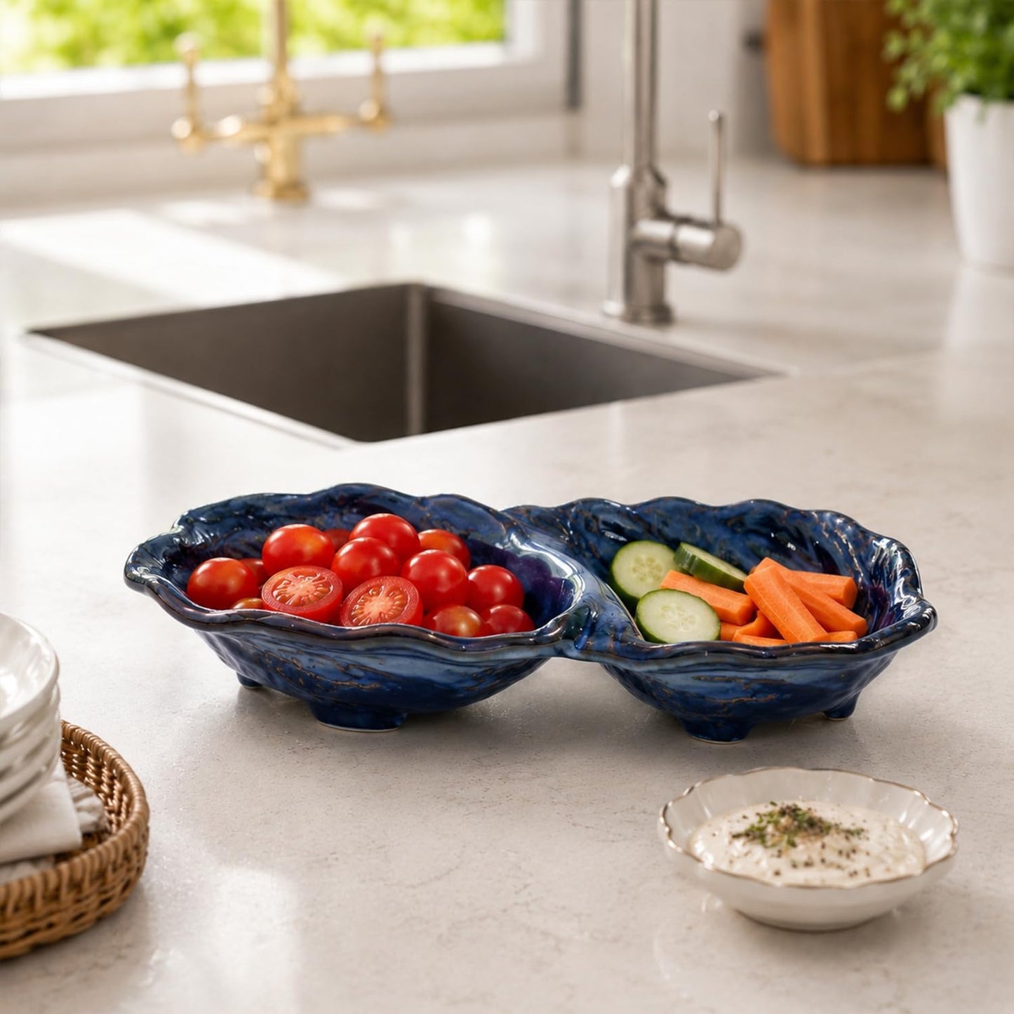 Peanut 2-Compartment Dish for Key Catchall Jewelry Organizer / Kiln-transformed Blue Glaze