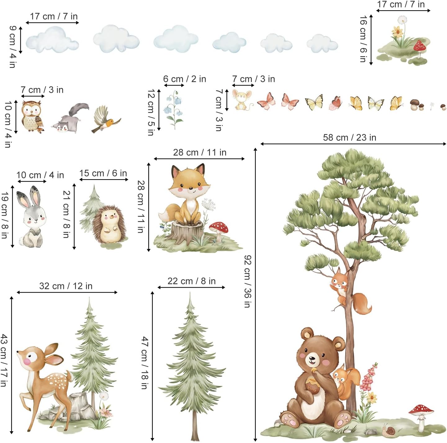 Woodland Animals Wall Stickers Large Pine Tree Forest Bear Deer Fox Peel and Stick Wall Art Decals