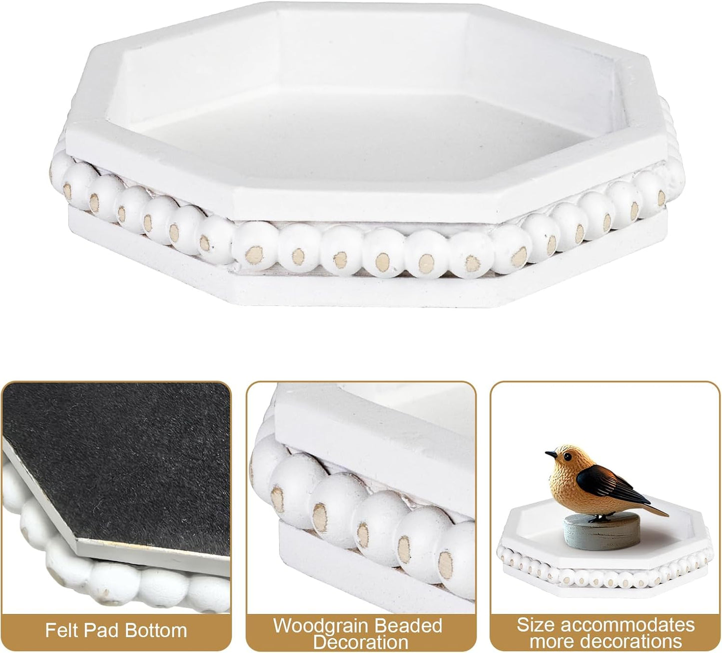 Rustic Round Wood Tray Beaded Risers / Rusticwhite-1 / Set of 2