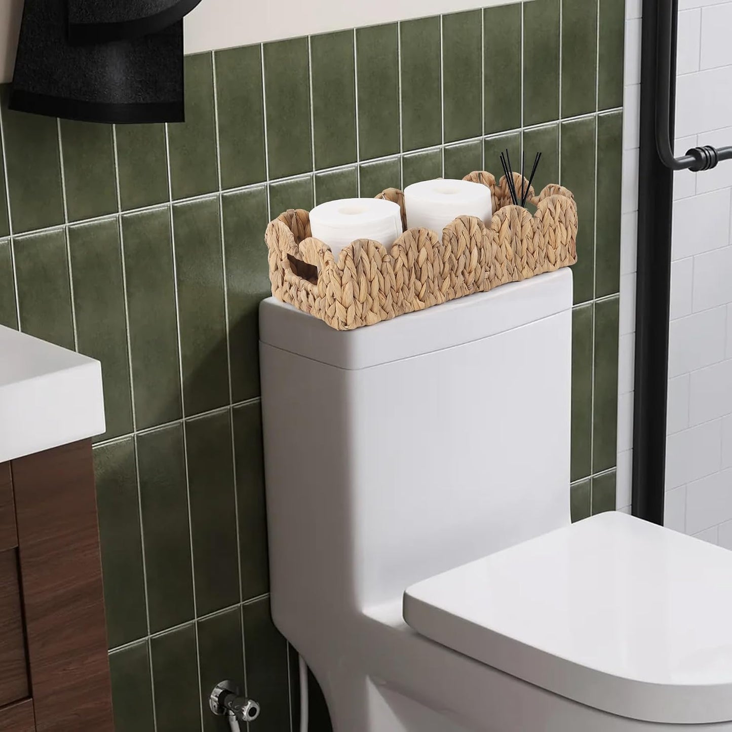 Wicker Scalloped Storage Basket Boho Bathroom Decor Baskets / Natural / 15.7"D x 6.6"W x 4.3"H