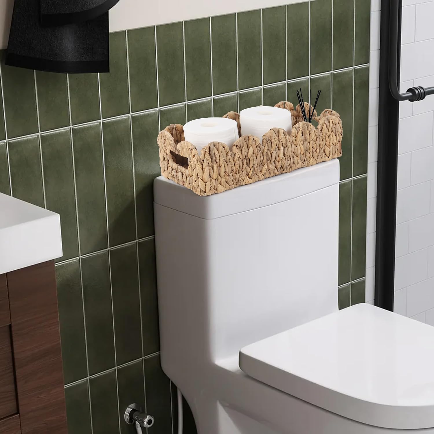 Wicker Scalloped Storage Basket Boho Bathroom Decor Baskets / Natural / 15.7"D x 6.6"W x 4.3"H